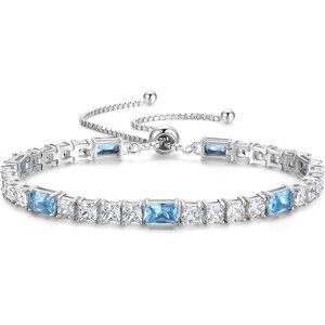 Birthstone Sterling Silver 4x6mm Gemstone Tennis Bracelet - 03-Aquamarine